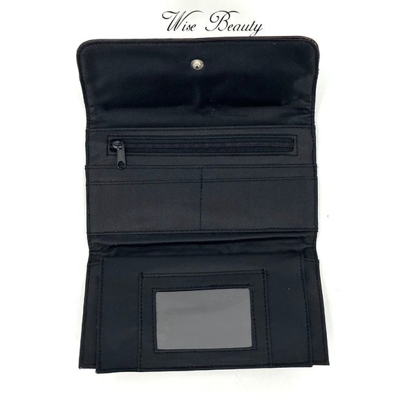 Classic Tri-Fold Wallet Two Tone Black Brown Multi-Compartments Snap Closure - Picture 3 of 7